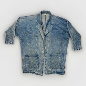 Vintage 1960s USA Made Denim Chore Coat Painter Style Oversized Distressed Sz L